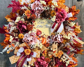 Fall Squirrel Wreath, Autumn Peonies, Roses, Pumpkins, Burgundy Decor