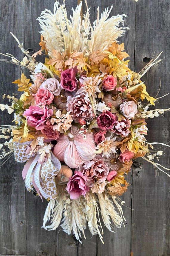 XL Fall Pumpkin Wreath, Pastel Floral Door Hanger