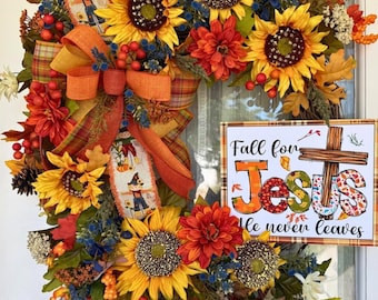 Fall for Jesus Sunflower Wreath, Fall Leaves Grapevine Door Hanger, Autumn Floral Decor, Scarecrow Ribbon