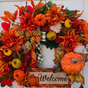Fall Pumpkin Wreath: Velvet Pumpkins & Floral Grapevine, 24"