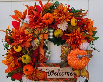 Fall Pumpkin Wreath: Velvet Pumpkins & Floral Grapevine, 24"