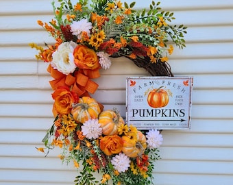 Farm Fresh Pumpkin Wreath, Fall Floral Grapevine Wreath