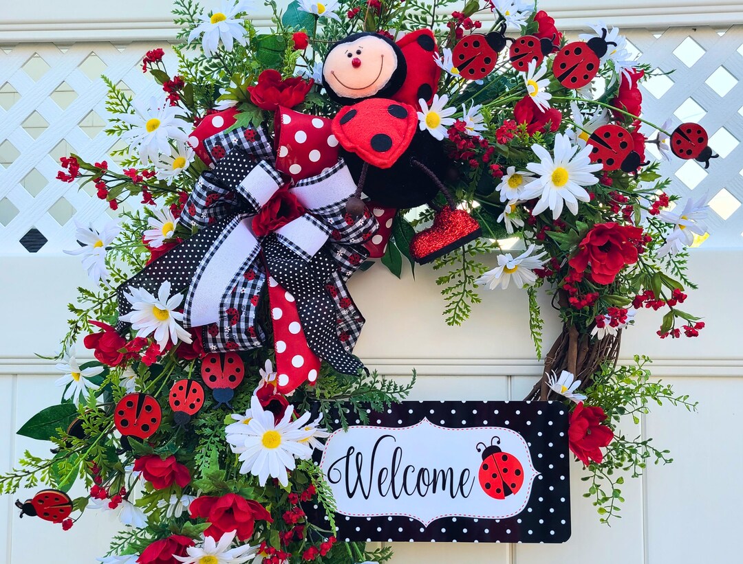Summer Welcome Wreath, Ladybug Grapevine Door Hanger, White Daisy ...