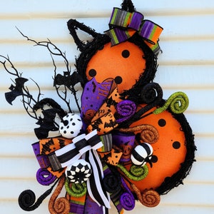 Halloween-Katzenkranz, Halloween-Türhänger, Katzen-Dekor, Halloween-Dekoration, Fledermaus-Kranz, weißer Kürbis-Dekor, Katzenliebhaber-Kranz