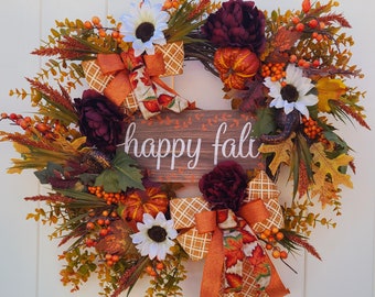 Harvest Pumpkin Wreath, Burgundy Floral Door Decor, Farmhouse Fall Accent