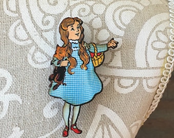 Dorothy and Toto pin, Wizard of Oz Brooch, Wizard of Oz pin Wooden pin, Stocking Stuffer, Vintage Graphic Brooch, Wizard of Oz Pin