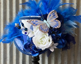 Kentucky Derby Hat,Mini Top Hat,Royal Blue Rose Kentucky Derby hat,Blue Rose Hat,Alice in Wonderland Mini Top Hat,Tea Party Hat, medium mini