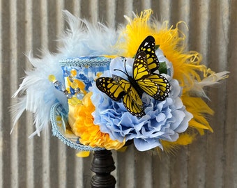 Kentucky Derby Mini Top Hat, Blue and yellow Butterfly Mini Top Hat, Alice in Wonderland, Tea Party,Mad Hatter Hat, medium,Mad Tea party hat