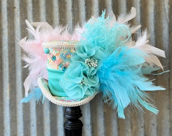 Mini Top Hat, Blue and sage green Tea Cup hat, Alice in Wonderland, Mad Hatter Hat, Mad Hatter Tea Party, small