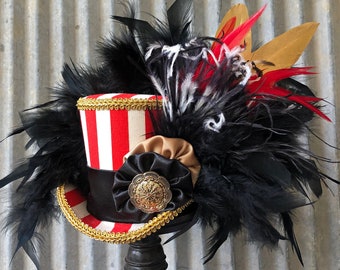 Mini Top Hat, Red stripe Circus Mini Top Hat, Night Circus Mini Top Hat, Red striped black hat, Tea Party Hat, Circus Hat red,small