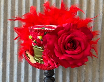 Mini Top Hat, Red Rose Kentucky Derby hat, Red Rose derby Hat, Alice in Wonderland Mini Top Hat, Rose and green Tea Party Hat, medium mini