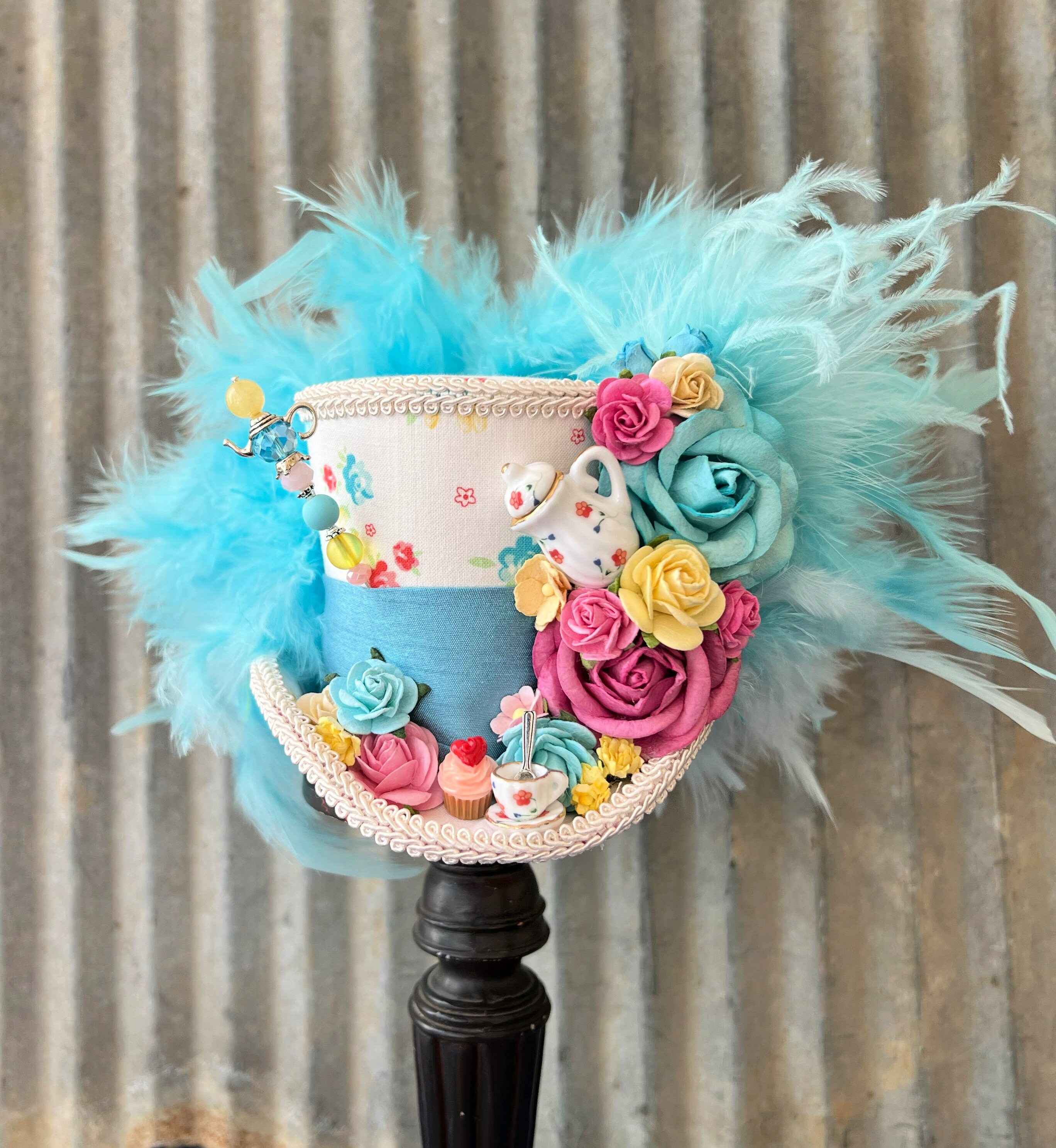 Mini Top Hat, Rose Tea Cup Hat,pink Turquoise Tea Pot Wonderland
