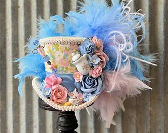 Mini Top Hat, Rose Tea Cup hat, Pink Tea Pot Alice in Wonderland, Mad Hatter Hat, Tea Hat, Mad Hatter Tea Party, Pink roses Tea Hat, small