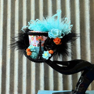 Micro Mini Top Hat, Paris Mini hat, Blue and Orange Eiffel Tower hat, Alice in Wonderland, Mad hatter Hat, Tea party mini hat,Mat Hatter hat