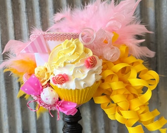 Mini Top Hat, Kentucky Derby Hat, Lemon and Pink Cupcake Hat Mini Top hat, Alice in Wonderland Hat,Tea Party Hat, Yellow Candy Land,medium