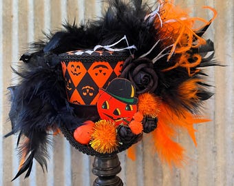 Mini Top hat, Pumpkin Hat, Halloween Mini Top Hat, Tea Party Hat, Alice in Wonderland Hat, Mad Tea Party, Black and Orange,small
