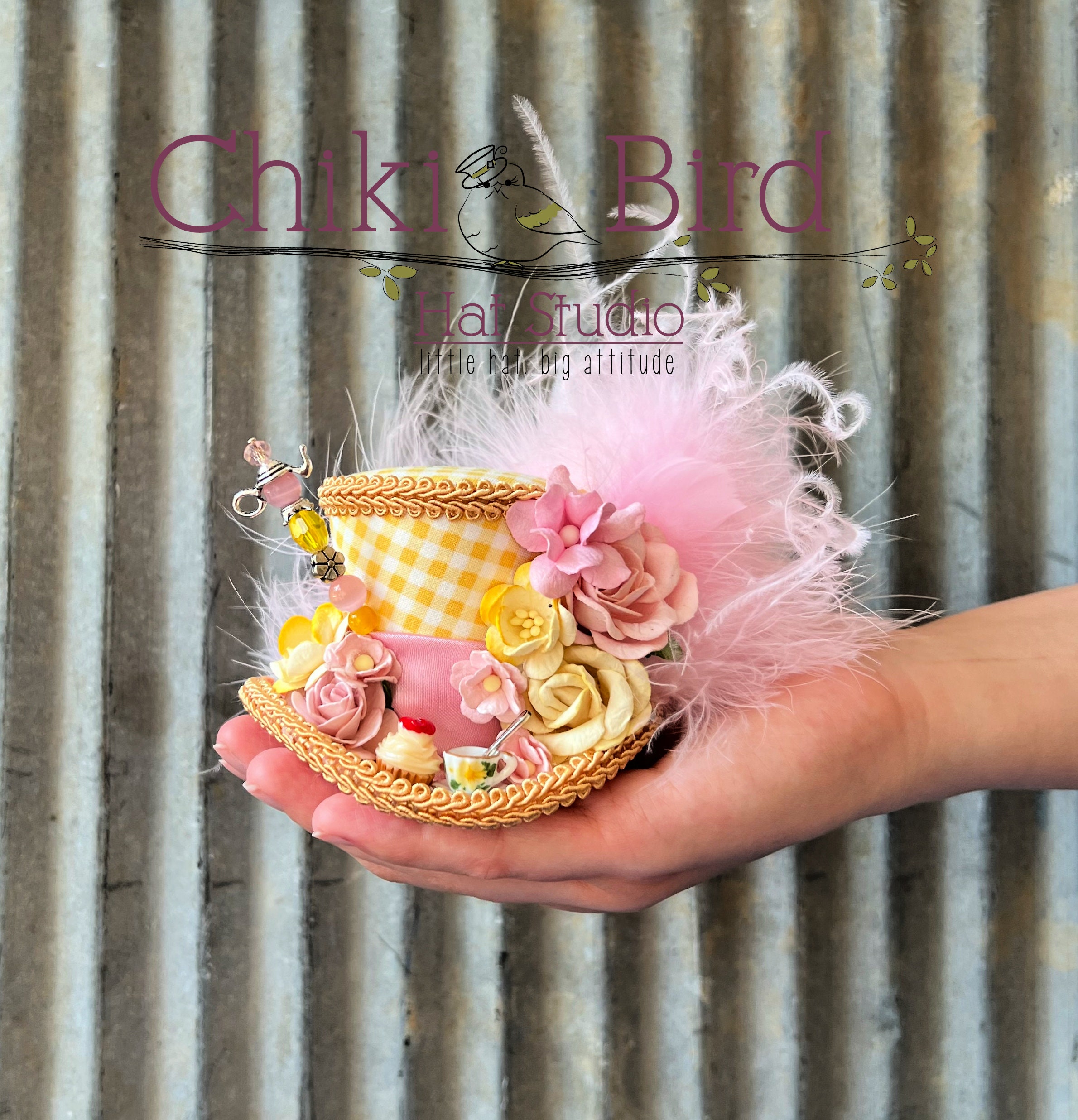 Micro Mini Top Hat, Tea Cup Hat, Yellow and Pink Flower Hat, Alice