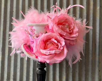 Mini Top Hat, Pink Kentucky Derby hat, Mad Hatter Hat, Mad Tea Party, Pink Rose Tea hat, Wonderland Tea Hat, Medium Mini