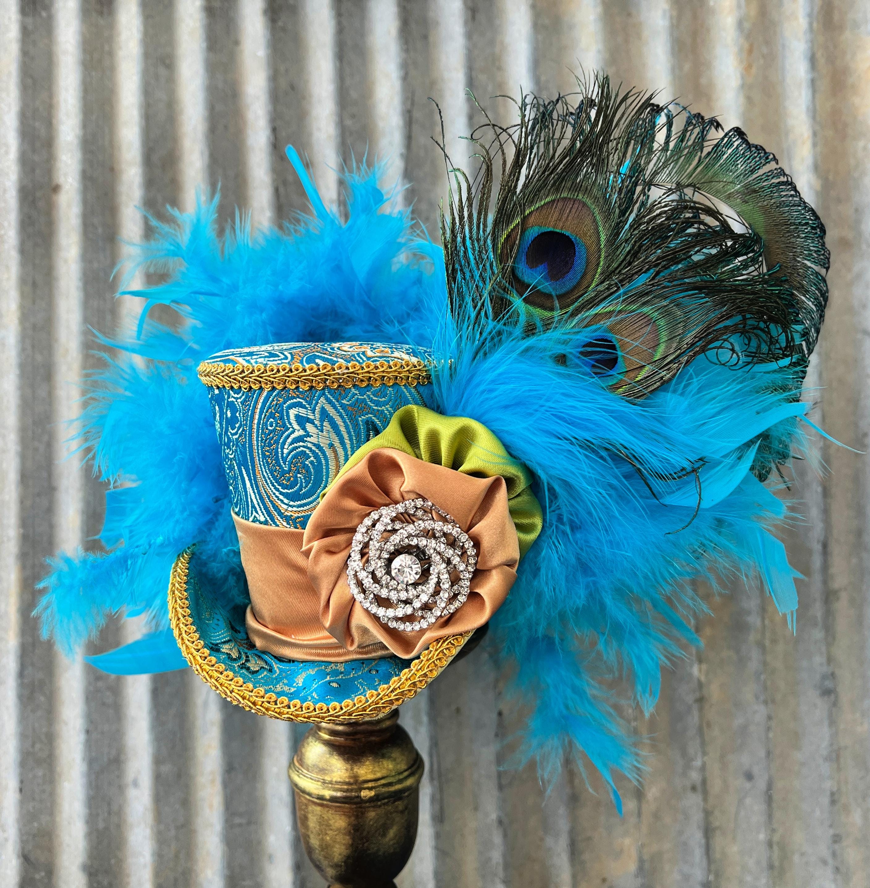 Boho Red Mesh Hat with Peacock Feathers and Turquoise Accent Bohemian Felt Hat With Feathers And Curved Brim - Shop on  main image 3