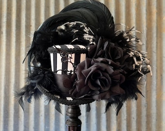 Mini Top Hat, Black STripe Mini Top Hat, Night Circus, Black and white Circus Hat, Alice in Wonderland, Kentucky derby hat,medium