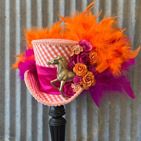 Kentucky Derby Hat, Mini Top Hat, Orange yellow and Pink Horse hat, Race for the roses horse hat,Alice in Wonderland hat,Royal Ascot  Hat