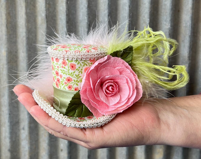Micro Mini Top Hat, Peach and Green Crepe Paper Flower Mini Top Hat