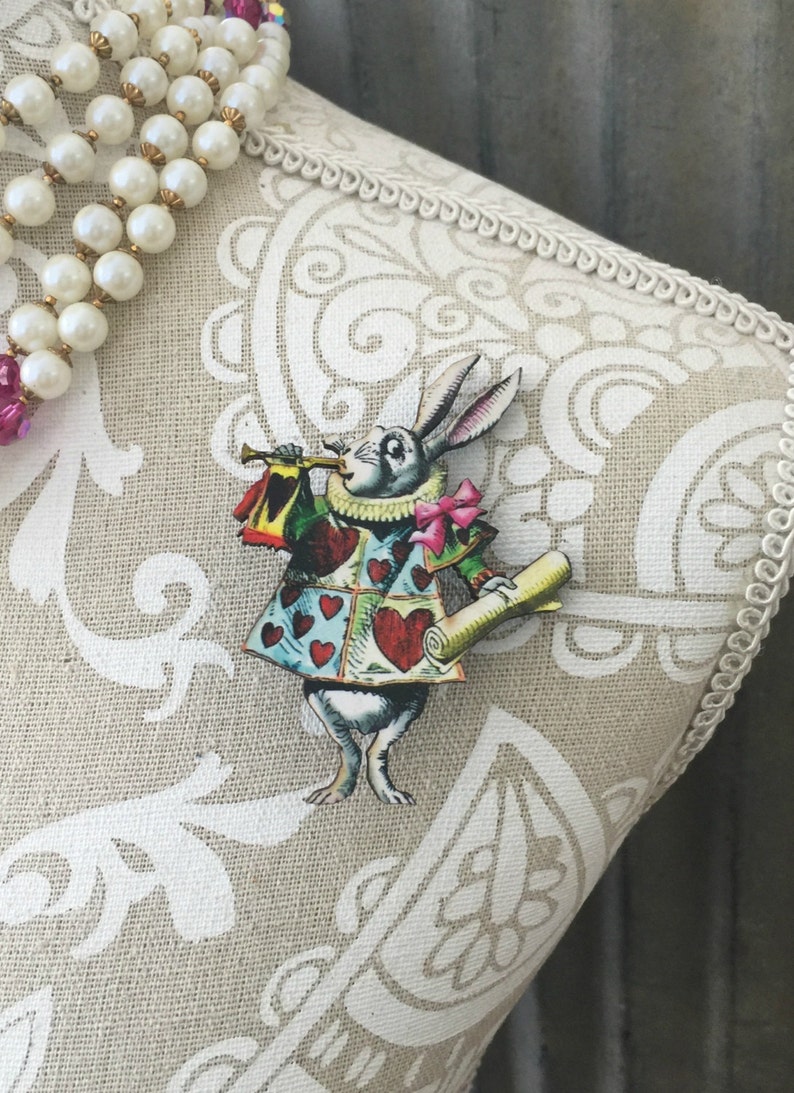 Tea Party Pin Birthday Gift White Rabbit Brooch Mad TEa Party Rabbit pin Bridal Shower Stocking Stuffer Alice in Wonderland pin