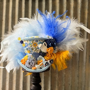 Mini Top Hat, Rose Tea Cup hat, Blue and yellow Tea Pot Alice in Wonderland, Mad Hatter Hat, Tea Hat, Mad Hatter Tea Party, Tea Hat, small