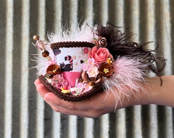 Micro Mini Top Hat, Alice in Wonderland, Mad Hatter mini Hat, Mad Hatter diorama Hat, Tea party mini top hat, brown and pink