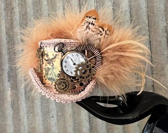 Micro Mini Steampunk Hat, Steampunk gear hat, beige cog and gear, Alice in Wonderland Mini Top Hat, Steampunk Mini Top Hat, Mad hatter,