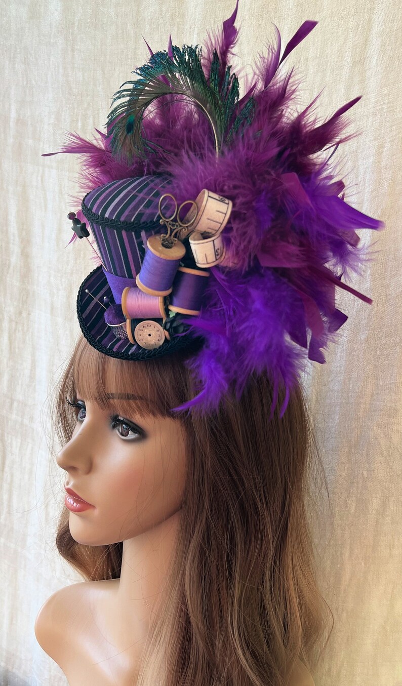 Mini chapeau haut de forme, chapeau à coudre, chapeau de fête de thé Steampunk violet, Alice au pays des merveilles, chapeau du chapelier fou, chapeau de couturière, chapeau de tailleur, soirée de thé folle, petit image 6