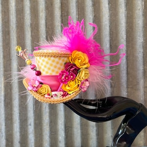 Micro Mini Top Hat, Tea Cup hat, Yellow and pink Flower Hat, Alice in Wonderland, Mad hatter hat, Tea party Hat, Mad Tea Party Hat,derby hat
