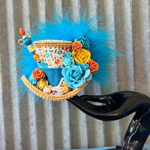 Micro Mini Top Hat, Mini Tea Cup hat, Yellow and blue Flower Hat, Alice in Wonderland, Mad hatter hat, Baby shower Mini Hat, Tea party Hat