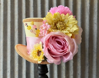 Kentucky Derby Mini Top Hat, Pink and Yellow Mini Top Hat, Sunset Flower Top Hat, Alice in Wonderland, Mad Hatter hat, medium mini