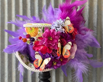 Mini Top Hat, Rainbow Flower Hat, Derby Mini hat, purple flower Tea Party Hat, Mad Hatter Party, Medium Mini, Kentucky derby hat, spring hat