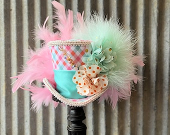 Mini Top Hat, Pink and mint Mini Hat, Kentucky Derby Hat, Tea Party Hat, Alice in Wonderland,Mad Hatter Hat, Tea party pink hat, Mini, small
