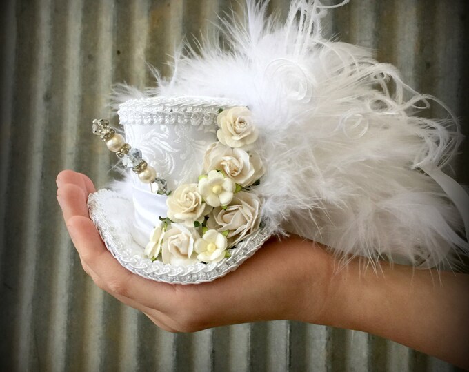 Micro Mini Top Hat, White Flower Hat, Alice in Wonderland, Mad Hatter