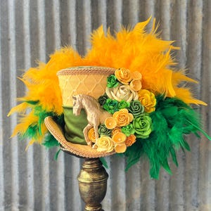 Bold Yellow Floral Harlequin patterned KY Derby Racing Fascinator Hat for Women Oversized Yellow Flower Kentucky Derby Hat, Black Wide Brim  main image 3