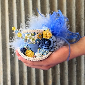 Micro Mini Top Hat, Mini Tea Cup hat, Yellow and blue Flower Hat, Alice in Wonderland, Mad hatter hat, Baby shower Mini Hat, Tea party Hat