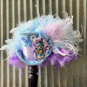 Mini Top Hat, Blue Kitty Cat Mini Top Hat, Cat Top Hat, Purple and blue cat Hat, Alice Wonderland, Tea Party Hat, mad hatter hat, small