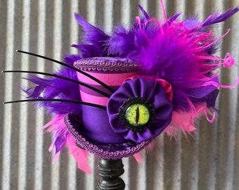 Mini Top Hat, Cheshire Cat Mini Top Hat, Cat Top Hat, Purple and Hot Pink Hat, Alice Wonderland, Tea Party Hat, mad hatter hat, small