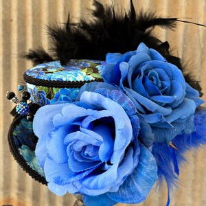 Navy custom floral fancy Derby hat, handmade Navy Blue Teal Feather Flower Wide Brim Kentucky Derby Hat  main image 3