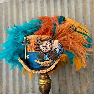 Mini Top Hat, Gold and teal steampunk hat, Steampunk Mini Top hat, Rust Steampunk hat, Time Travel Mini hat,  Mad Hatter Hat, Medium