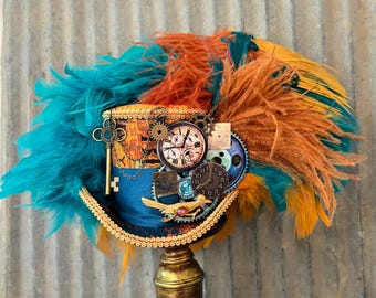 Mini Top Hat, Gold and teal steampunk hat, Steampunk Mini Top hat, Rust Steampunk hat, Time Travel Mini hat,  Mad Hatter Hat, Medium