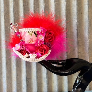 Micro Mini Top Hat, Tea Cup hat, REd and Pink Rose Flower Hat, Alice in Wonderland, Mad hatter hat, Tea party Hat, Mad Tea Party Hat