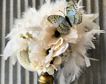 Mini Top hat, STeampunk Bride Mini Top Hat, Ivory and Off White Flower Hat, Mad Hatter Hat, Butterfly ivory mini hat, medium mini