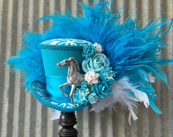 Kentucky Derby Mini Top hat, Kentucky Derby Hat, Turquoise and Green Horse Hat, Royal Ascot, Horse Race hat, Mini Top Hat, medium mini