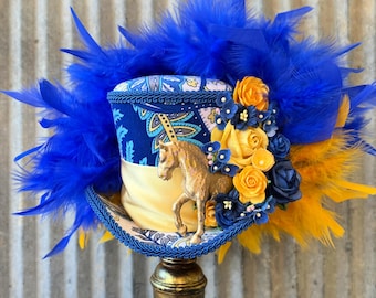 Kentucky Derby Hat, Mini Top Hat, Yellow and Royal Blue Horse hat, Race for the roses horse hat,Royal Ascot RAcing Hat, medium