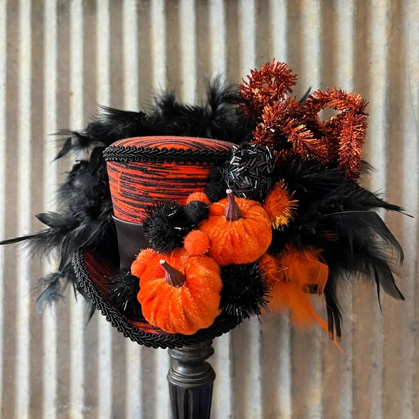 Mini Top Hat, Fall Mini Top Hat, Thanksgiving hat, Black and ORange Pumpkin Mini Top hat, Halloween hat,medium mini,Thanksgiving centerpiece