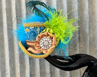 Micro Mini Top Hat, Turquoise and Gold Mini Hat, Kentucky Derby Hat, Mad hatter hat,Alice In Wonderland hat,Gala Mini Top hat, New Years hat